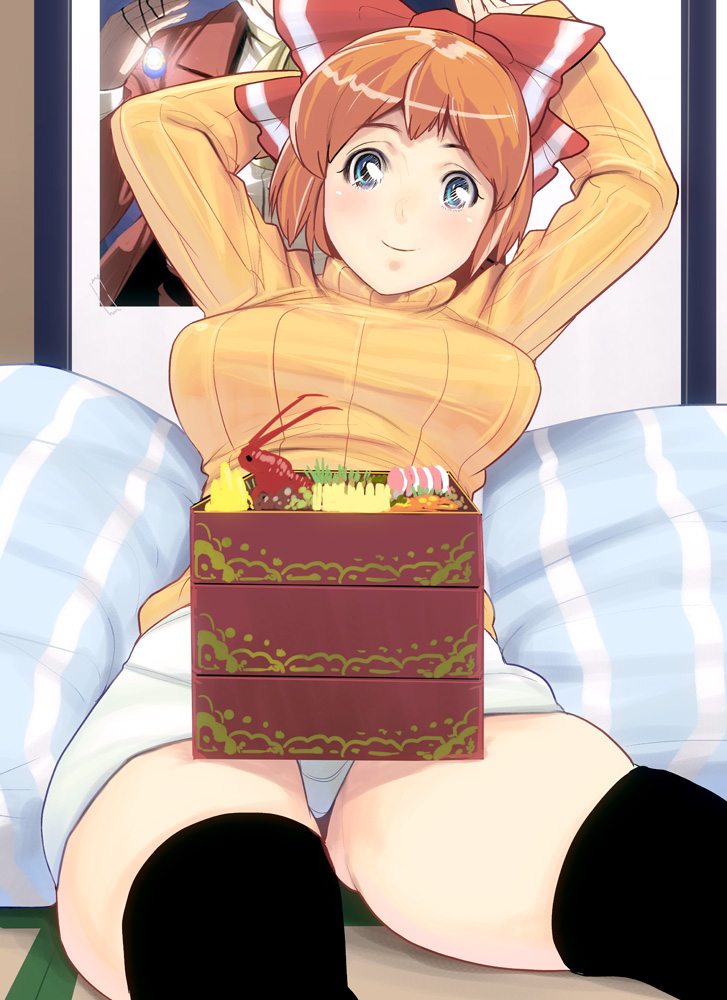 arms_behind_head arms_up bad_id bad_pixiv_id black_legwear blue_eyes bow breasts cameo cowboy_shot curvy hair_bow hikouseki large_breasts masao muska orange_hair orange_shirt osechi panties pantyshot poster_(object) ribbed_sweater shirt shrimp smile socks solo sweater taut_clothes tenkuu_no_shiro_laputa thick_thighs thighhighs thighs underwear white_panties