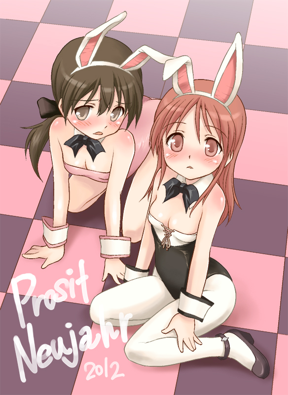 animal_ears bare_legs blush bow bowtie breasts brown_eyes brown_hair bunny_ears bunny_girl bunnysuit checkered checkered_floor cleavage detached_collar gertrud_barkhorn hair_ornament long_hair minna-dietlinde_wilcke mirutsu_(milts) multiple_girls open_mouth pantyhose red_eyes red_hair ribbon sitting small_breasts strike_witches white_legwear world_witches_series wrist_cuffs younger