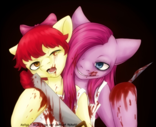 apple_bloom_(mlp) applebloom_(mlp) apron blood blue_eyes bow couple cupcakes_(mlp_fanfic) equine female friendship_is_magic fur gore hair horse knife lesbian looking_at_viewer mammal masochism motch my_little_pony open_mouth pink_fur pink_hair pinkamena_(mlp) pinkie_pie_(mlp) pony psycho red_hair scalpel seductive smile