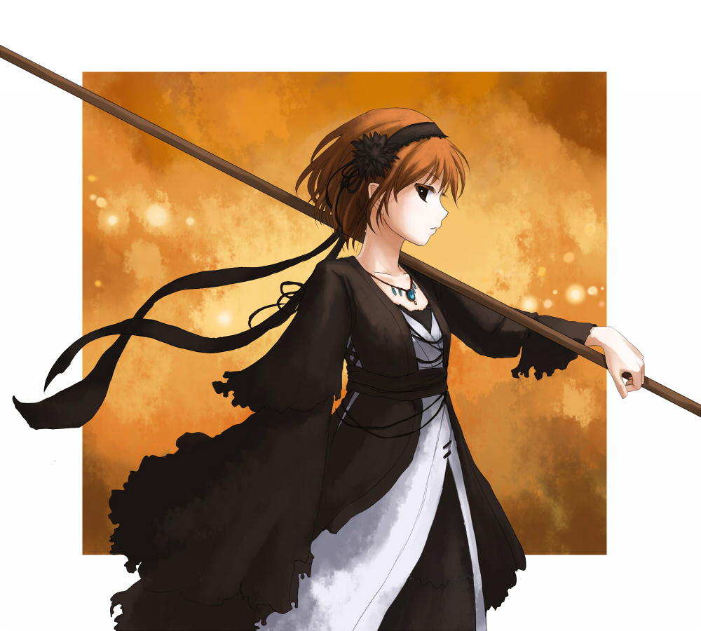 bad_id bad_pixiv_id brown_hair carrying dress frills hair_ribbon jewelry necklace original pole polearm ribbon short_hair solo toufu_(beancurd_cake) weapon