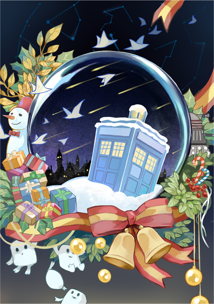 bad_id bad_pixiv_id bell bow candy candy_cane christmas constellation dalek doctor_who fez_hat food gift leaf no_humans police_box sandyfire snow snow_globe snowman star tardis