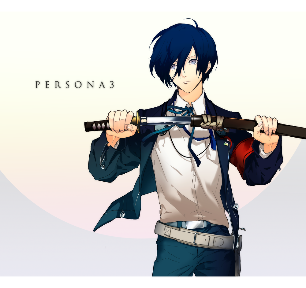 armband audio-technica bad_id bad_pixiv_id belt blue_eyes blue_hair digital_media_player headphones male_focus persona persona_3 school_uniform simple_background solo weapon yuuki_makoto