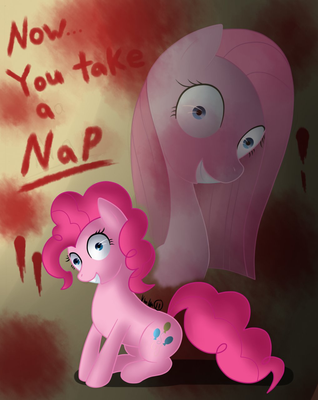 blue_eyes cupcakes_(mlp_fanfic) cutie_mark dialog dialogue english_text equine female feral friendship_is_magic hair horse looking_at_viewer mammal menacing my_little_pony nightmare_fuel pink_hair pinkamena_(mlp) pinkie_pie_(mlp) pony smile solo text