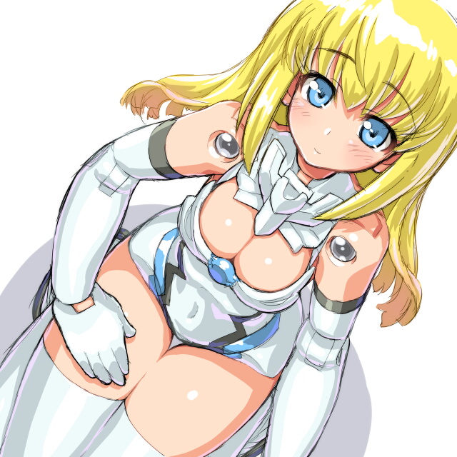 altrene bad_id bad_pixiv_id bare_shoulders blonde_hair blue_eyes blush breasts busou_shinki cleavage dd_(ijigendd) doll_joints elbow_gloves from_above gloves hand_on_thigh large_breasts looking_at_viewer looking_up simple_background smile solo thighhighs white_background white_gloves white_legwear