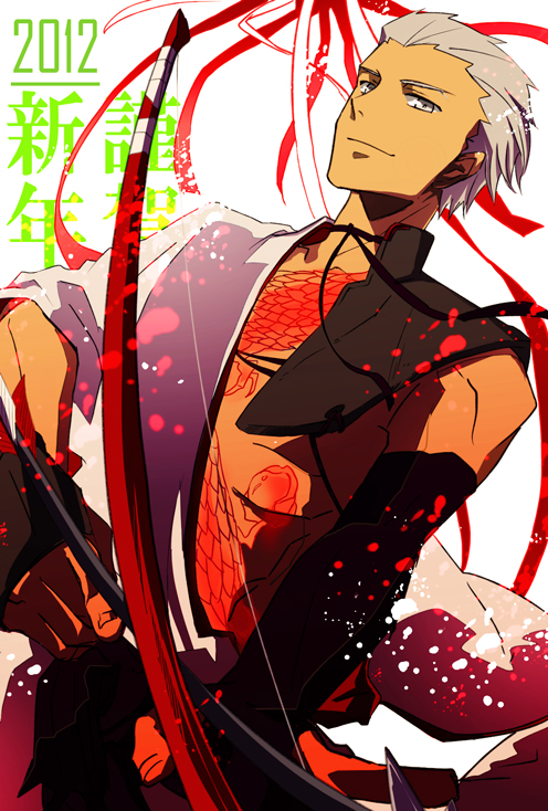 2012 aonome archer archery bow_(weapon) dark_skin dark_skinned_male dragon dragon_tattoo fate/stay_night fate_(series) grey_eyes japanese_clothes kyuudou male_focus new_year solo tattoo weapon white_hair