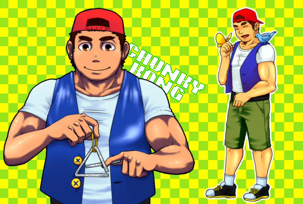 backwards_baseball_cap baseball_cap bird brown_eyes brown_hair butterfly checkered checkered_background chunky_kong donkey_kong_(series) donkey_kong_64 hat instrument muscle musical_instrument personification shiny shorts triangle vest