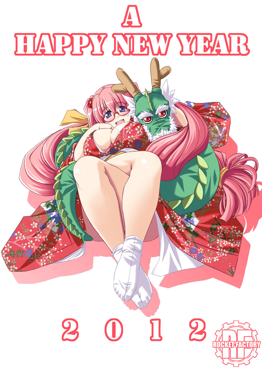 2012 :d breasts chinese_zodiac crossed_legs dragon eastern_dragon feet floral_print flower foreshortening furisode glasses hair_flower hair_ornament happy_new_year highres japanese_clothes kimono large_breasts log-mi_(tonpuu) long_hair looking_at_viewer new_year no_shoes obi open_mouth original pink_hair purple_eyes red-framed_eyewear red_eyes sash simple_background sitting smile socks solo tabi tonpuu white_background year_of_the_dragon