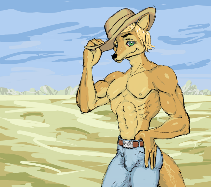 belt biceps canine clothing cowboy desert hat looking_at_viewer male mammal muscles pants solo toohorr