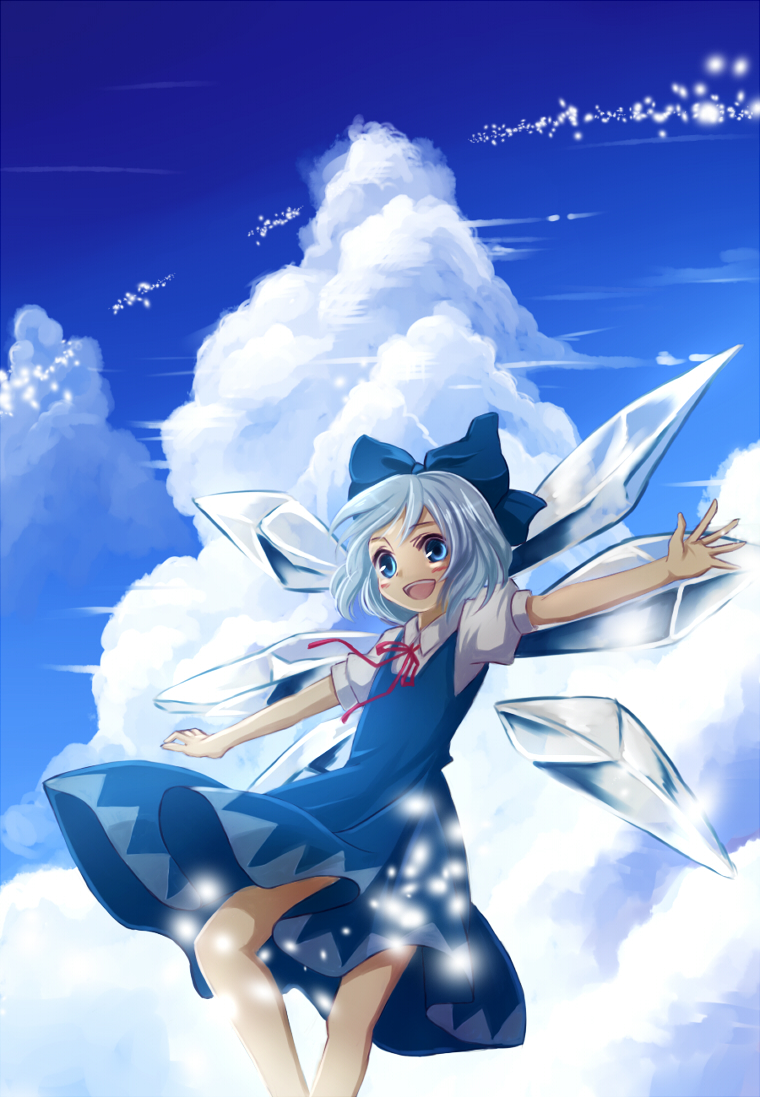 :d bad_id bad_pixiv_id blue_dress blue_eyes blue_hair blush cirno cloud day dress flying hair_ornament ice ice_wings miyakure open_mouth outstretched_arms ribbon short_hair sky smile solo spread_arms teeth touhou wings