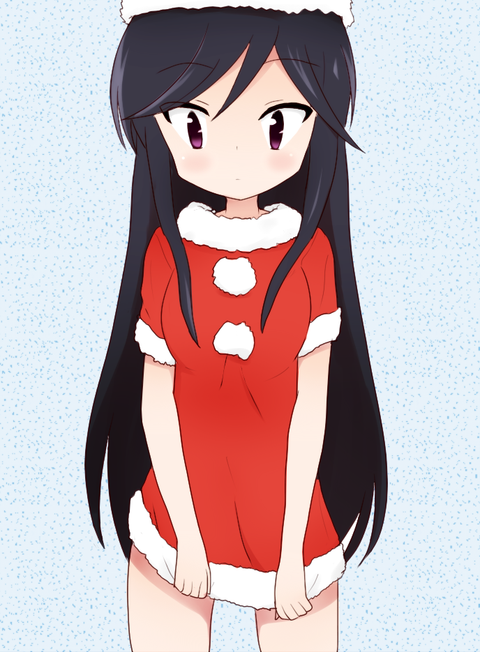 a_channel black_hair dress dress_tug gonsan hat long_hair nishi_yuuko purple_eyes santa_costume santa_hat solo standing tsurime