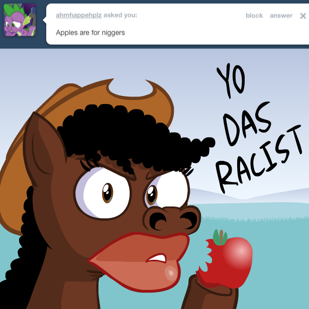 animal_ears applejack_(mlp) ask_jappleack black_hair brown_eyes english_text equine female friendship_is_magic fruit hair hat horse hotdiggedydemon huge_lips looking_at_viewer mammal my_little_pony pony racism text tumblr