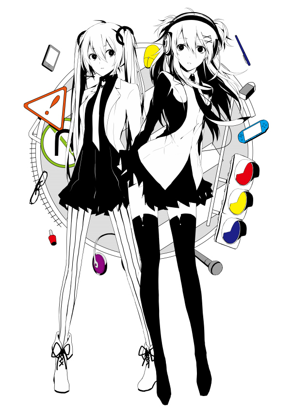 ankle_boots arisaka_ako bad_id bad_pixiv_id boots cosmetics eraser handheld_game_console hatsune_miku headphones long_hair monochrome mouse_(computer) multiple_girls nail_polish_bottle nanase_kanon necktie pantyhose playstation_portable skirt spot_color striped striped_legwear thighhighs traffic_light twintails two_side_up vertical-striped_legwear vertical_stripes vocaloid