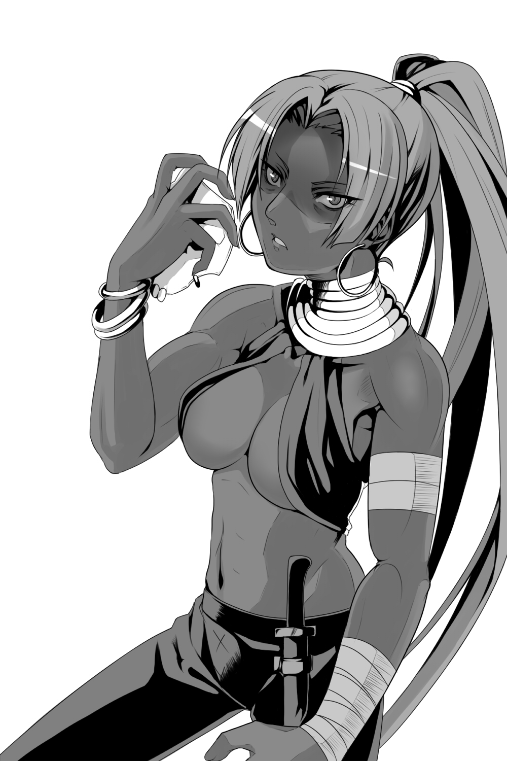 asashin_(kazami-tomo) assassin_(fate/zero) bad_id bad_pixiv_id bracelet breasts cleavage earrings fate/zero fate_(series) female_assassin_(fate/zero) greyscale highres jewelry knife mask mask_removed medium_breasts monochrome necklace ponytail solo underboob