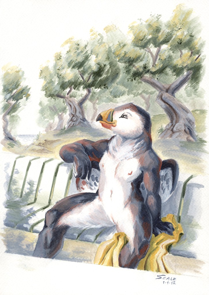 avian bench bird breasts female nude outside puffin pussy scale scale_(artist) small_breasts solo