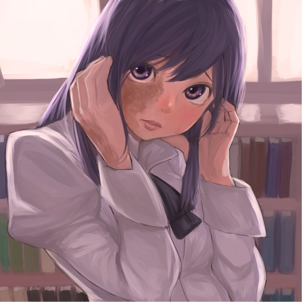 adjusting_hair bookshelf bukimi_isan face ikezawa_hanako katawa_shoujo looking_at_viewer puffy_sleeves purple_eyes purple_hair scar school_uniform shirt solo