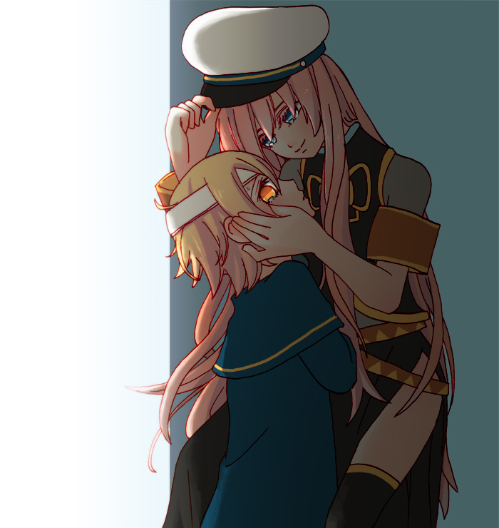 1girl age_difference bad_id bad_pixiv_id bandages blonde_hair blue_eyes hat long_hair megurine_luka miza-sore oliver_(vocaloid) pink_hair sailor_hat skirt smile thighhighs vocaloid yellow_eyes