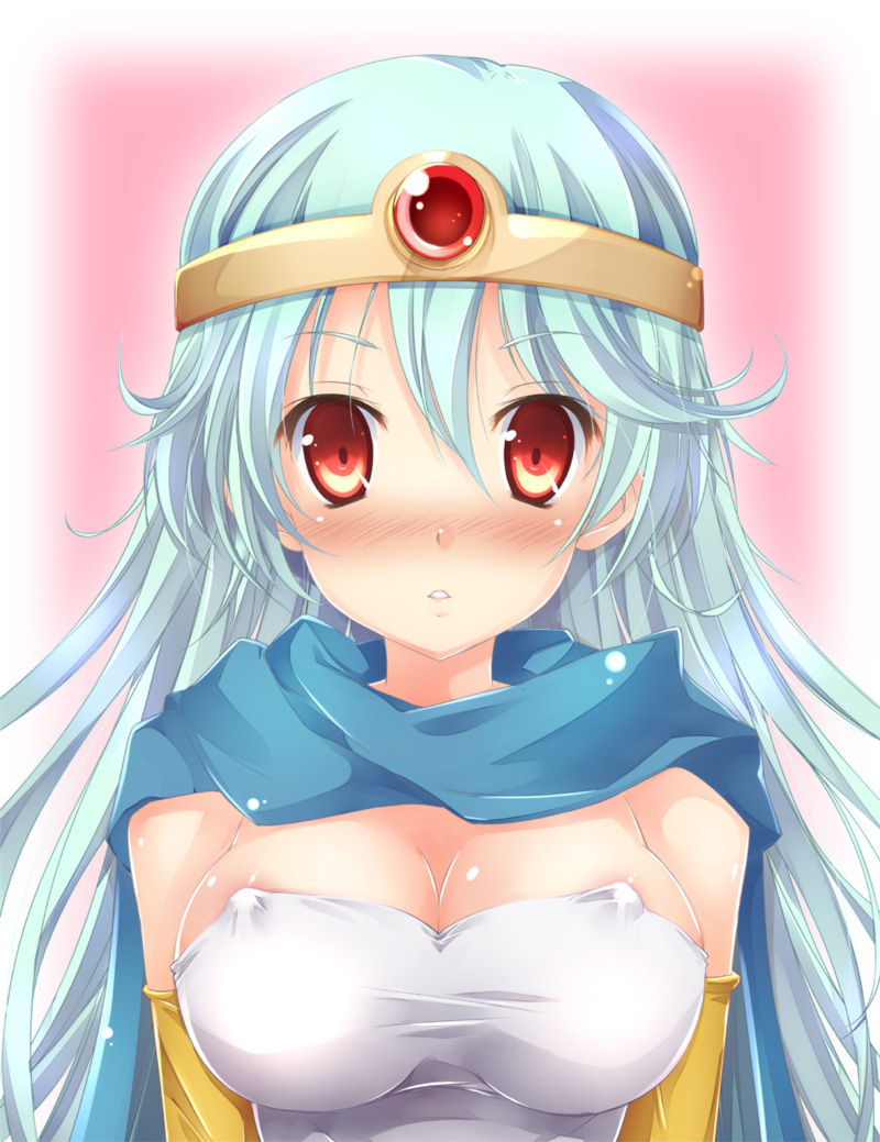 areolae blue_hair blush breasts cape circlet cleavage covered_nipples dragon_quest dragon_quest_iii elbow_gloves fujimoto_akio gloves long_hair medium_breasts red_eyes sage_(dq3) solo upper_body