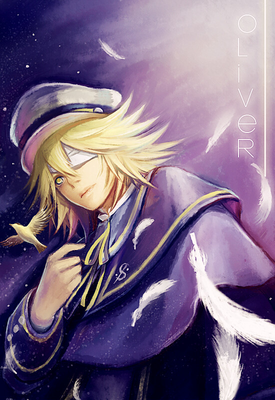 bird blonde_hair eyepatch feathers hat james_(vocaloid) male_focus oliver_(vocaloid) one_eye_covered sailor_hat solo vocaloid yatoko yellow_eyes