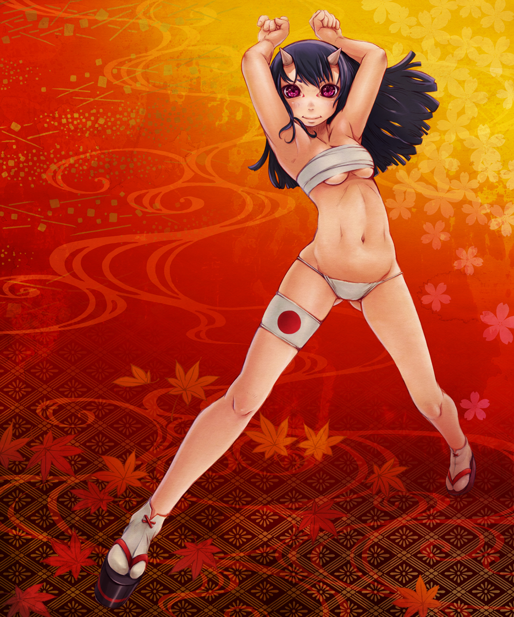 armpits arms_up bad_id bad_pixiv_id belly breasts cherry_blossoms flag_print floral_background flower fundoshi geta highres hinomoto_oniko horns japanese_clothes japanese_flag leaf legs long_hair looking_at_viewer maple_leaf medium_breasts navel nukomasu oni_horns original patterned_background print_ornament purple_eyes purple_hair red_background sarashi skindentation solo spread_legs standing tabi thigh_strap underboob underwear underwear_only