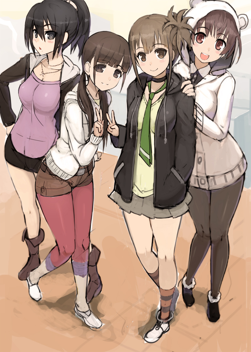 bad_id bad_pixiv_id black_hair black_legwear blush brown_eyes brown_hair choker dress grey_eyes hand_in_pocket hand_on_hip hand_on_shoulder hat hat_with_ears head_tilt hood hoodie jacket jewelry leaning leggings multiple_girls necklace necktie ookuma_(nitroplus) open_clothes open_jacket open_mouth original pantyhose ponytail red_legwear shirt shorts side_ponytail skirt smile sweater sweater_dress twintails v