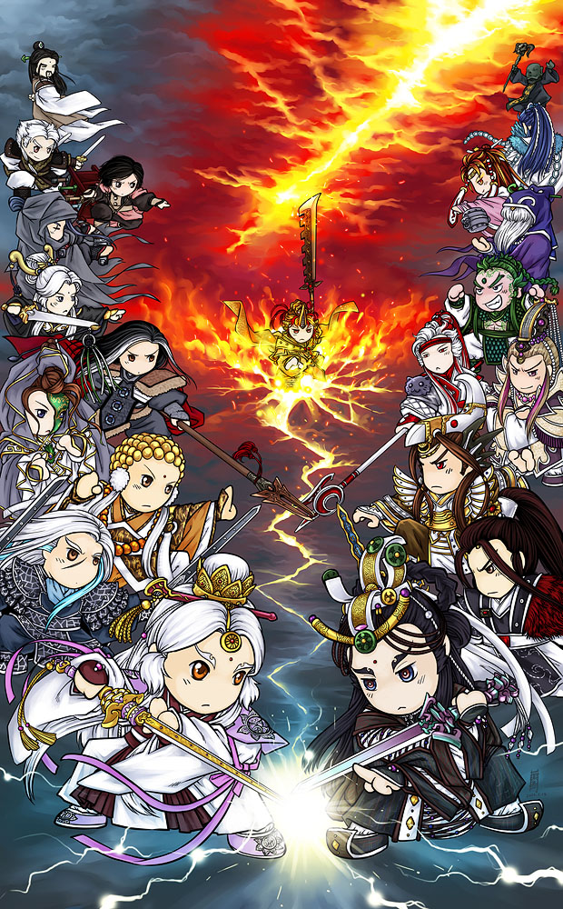 antaria armor battle beads black_hair brown_hair character_request chibi chinese_clothes everyone fire group_battle hanfu headdress hood monk multiple_boys multiple_girls pili_budaixi polearm prayer_beads spear staff sword weapon white_hair