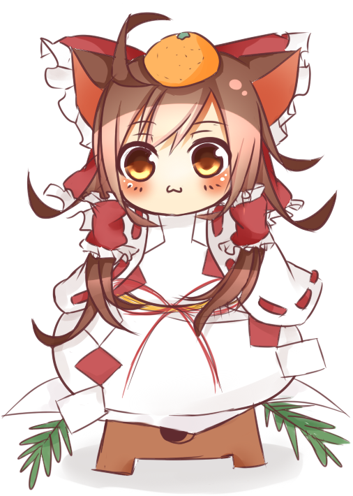 :3 animal_ears bow brown_hair cat_ears chibi hair_bow hair_tubes hakurei_reimu japanese_clothes kagami_mochi new_year simple_background sleeves_past_wrists solo tosura-ayato touhou white_background yellow_eyes