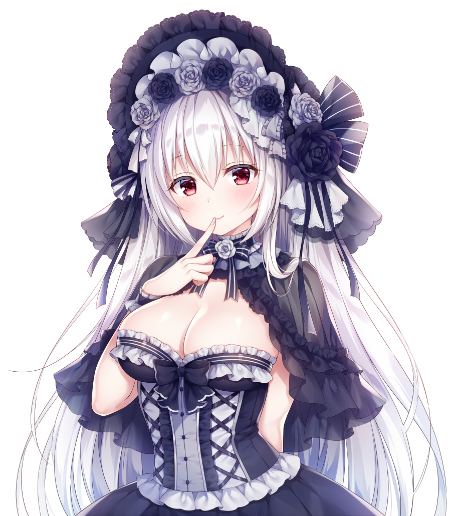 1girl bangs black_capelet black_dress black_flower black_rose blush breasts capelet cleavage closed_mouth dress eyebrows_visible_through_hair finger_to_mouth fingernails flower gothic_lolita grey_flower grey_rose hair_between_eyes hand_up head_tilt index_finger_raised large_breasts lolita_fashion looking_at_viewer mitsuba_choco original red_eyes rose see-through sidelocks silver_hair simple_background smile solo strapless strapless_dress upper_body white_background