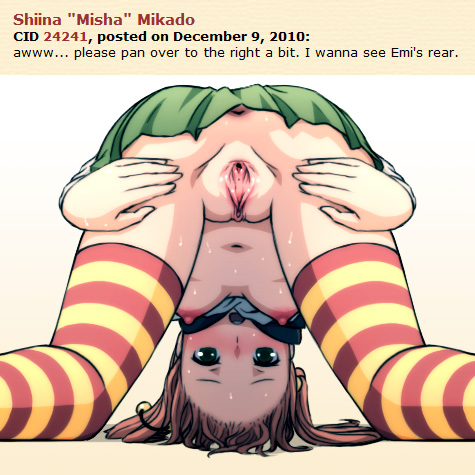 amputee anus bent_over breasts english hair_bobbles hair_ornament ibarazaki_emi imageboard_colors katawa_shoujo long_hair looking_through_legs lowres mike_inel navel nipples no_panties orange_hair pussy skirt small_breasts solo spread_legs spread_pussy striped striped_legwear text_focus thighhighs