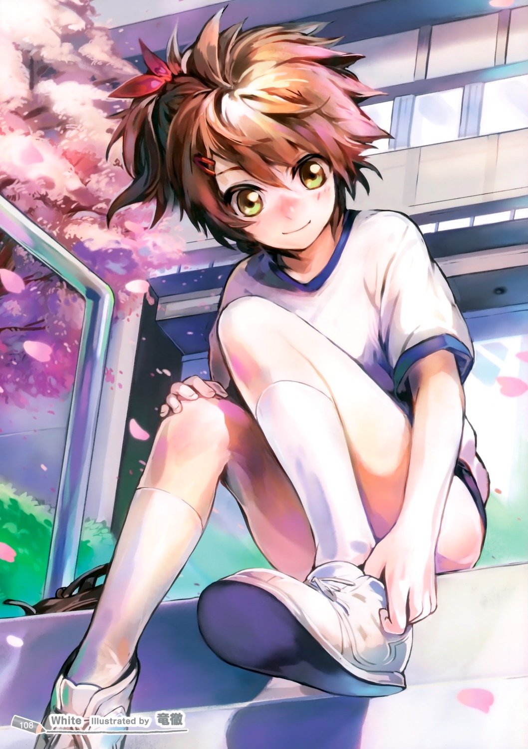 blush brown_hair cherry_blossoms green_eyes gym_uniform highres imageboard_sample ryuutetsu shoes sitting sneakers solo tree wind