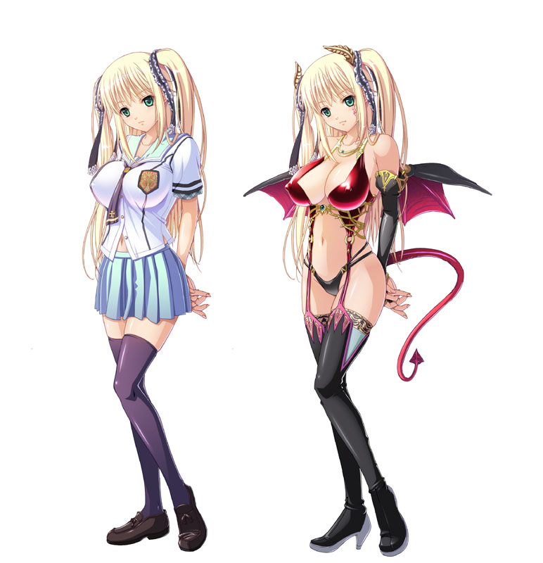 bare_shoulders blonde_hair breasts cleavage demon_girl horns kyonyuu_majo large_breasts school_uniform succubus tail tenma_cecile thighhighs transformation twintails waffle wings