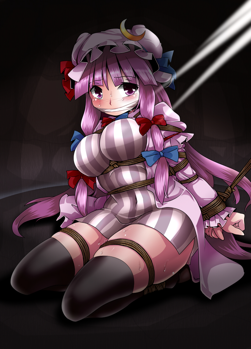 arms_behind_back bdsm black_legwear blush bondage bound bow breasts crescent gagged hair_bow hat large_breasts lilish patchouli_knowledge purple_eyes purple_hair solo sweat thighhighs touhou