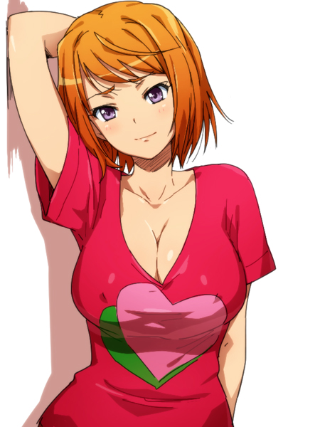 against_wall arm_up breasts cleavage covered_nipples hairu hand_behind_head heart large_breasts light_smile my-hime no_bra orange_hair purple_eyes red_shirt shadow shirt short_hair simple_background solo tokiha_mai upper_body