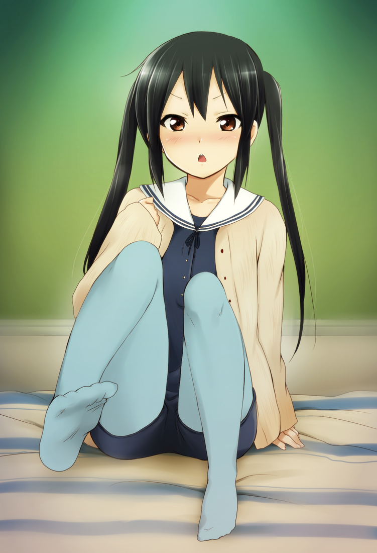 :&lt; :o black_hair blue_legwear blush brown_eyes cardigan collarbone feet jacket k-on! k-on!_movie kaiga long_hair looking_at_viewer nakano_azusa no_shoes open_mouth pantyhose sailor_collar school_uniform sitting solo twintails younger