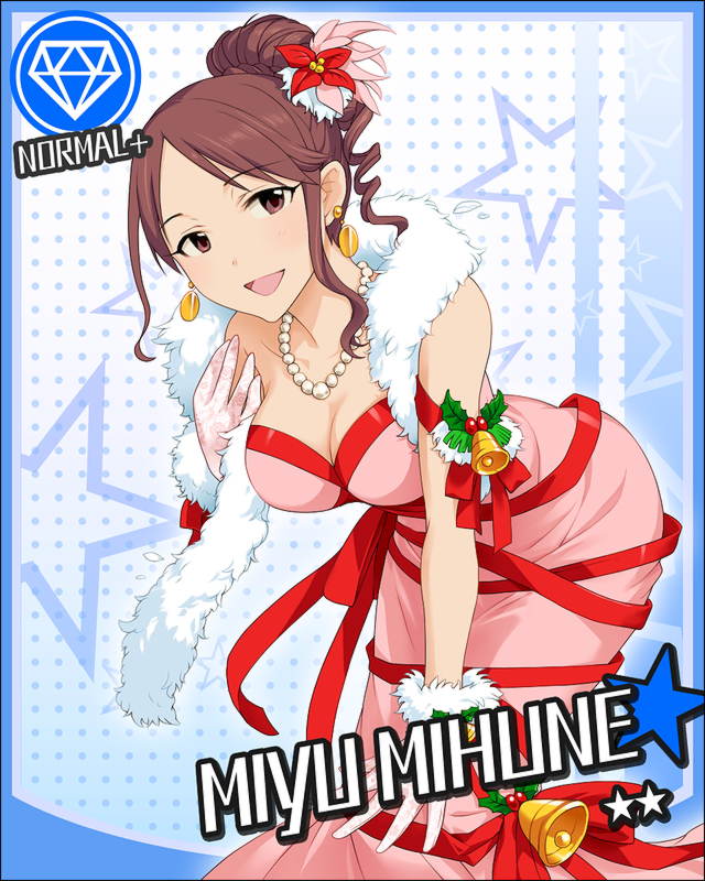artist_request bell breasts brown_eyes brown_hair card_(medium) character_name christmas cleavage diamond_(symbol) dress earrings gloves hair_ornament idolmaster idolmaster_cinderella_girls jewelry large_breasts leaning_forward mifune_miyu necklace official_art ribbon smile solo star