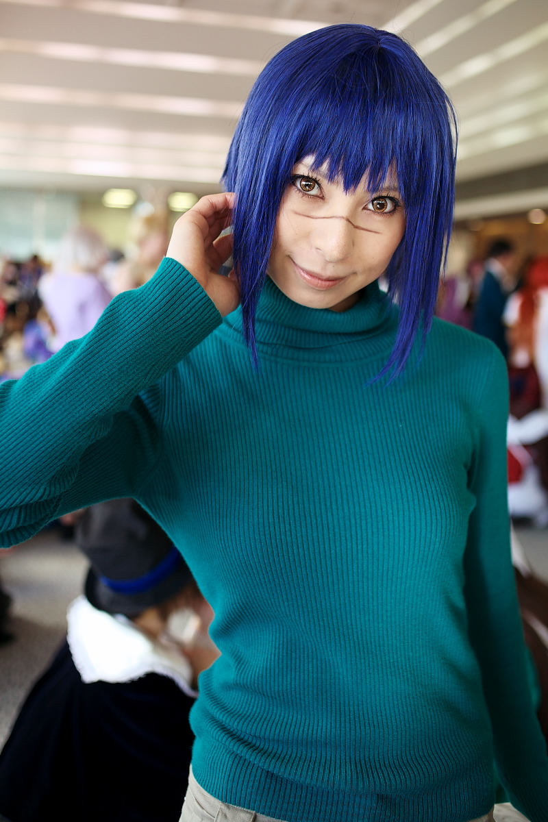 ari_(model) blue_hair busou_renkin cosplay highres photo shorts tsumura_tokiko turtleneck
