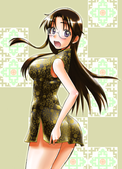 bare_shoulders blush breasts china_dress chinese_clothes dress glasses large_breasts long_hair natsuno_hareruya read_or_die side_slit solo surprised yomiko_readman