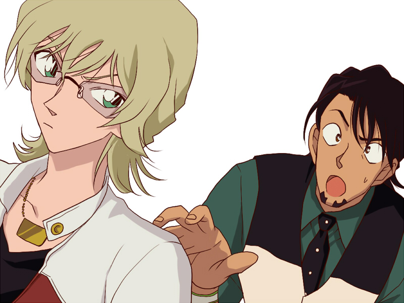 bad_id bad_pixiv_id barnaby_brooks_jr blonde_hair brown_eyes brown_hair facial_hair glasses green_eyes jacket jewelry kaburagi_t_kotetsu male_focus meitantei_conan multiple_boys necklace necktie parody red_jacket short_hair stubble style_parody tiger_&amp;_bunny vest waistcoat yachou