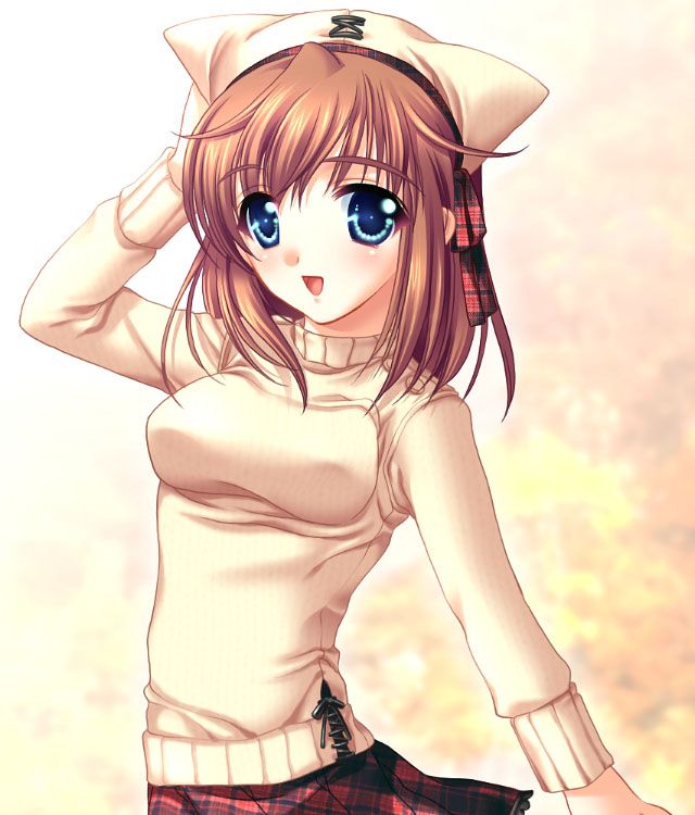 :d artist_request blue_eyes brown_hair character_request copyright_request eyebrows_visible_through_hair hand_on_headwear happy hat open_mouth short_hair skirt smile solo source_request turtleneck unmoving_pattern