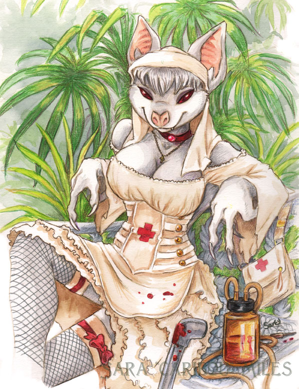 &dagger; blood caribou_(artist) claws clothed clothing clue collar cross fangs female fishnet fur legwear looking_at_viewer mammal medical mercy-bat necklace nurse red_eyes sara_palmer sitting skimpy solo stockings white_fur