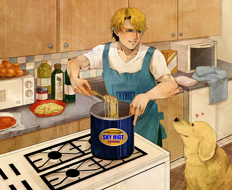 apron bad_id bad_pixiv_id bangs blonde_hair blue_eyes bottle box cabinet can cooking_oil counter dog food heart indoors john_(tiger_&amp;_bunny) keith_goodman kitchen logo looking_at_another male_focus meatball microwave parted_lips pasta pot shirt short_hair short_sleeves skr_tsunakan smile spaghetti stove tiger_&amp;_bunny toned typo white_shirt