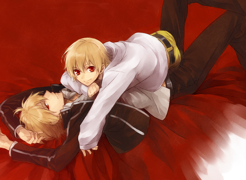 bad_id bad_pixiv_id blonde_hair child child_gilgamesh dual_persona fate/hollow_ataraxia fate/stay_night fate_(series) gilgamesh male_focus multiple_boys red_background red_eyes school_uniform time_paradox xia_(ryugo) younger