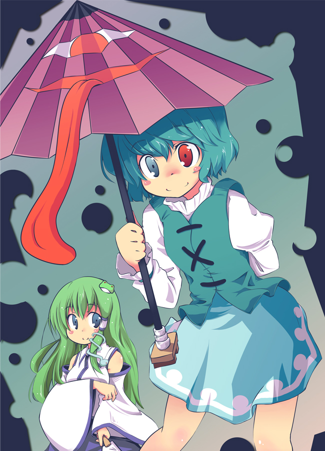 blue_eyes blue_hair blush_stickers detached_sleeves frog green_hair hair_ornament hair_tubes heterochromia karakasa_obake kochiya_sanae long_hair multiple_girls purple_umbrella red_eyes short_hair skirt smile snake tatara_kogasa togashi_yuu tongue touhou umbrella