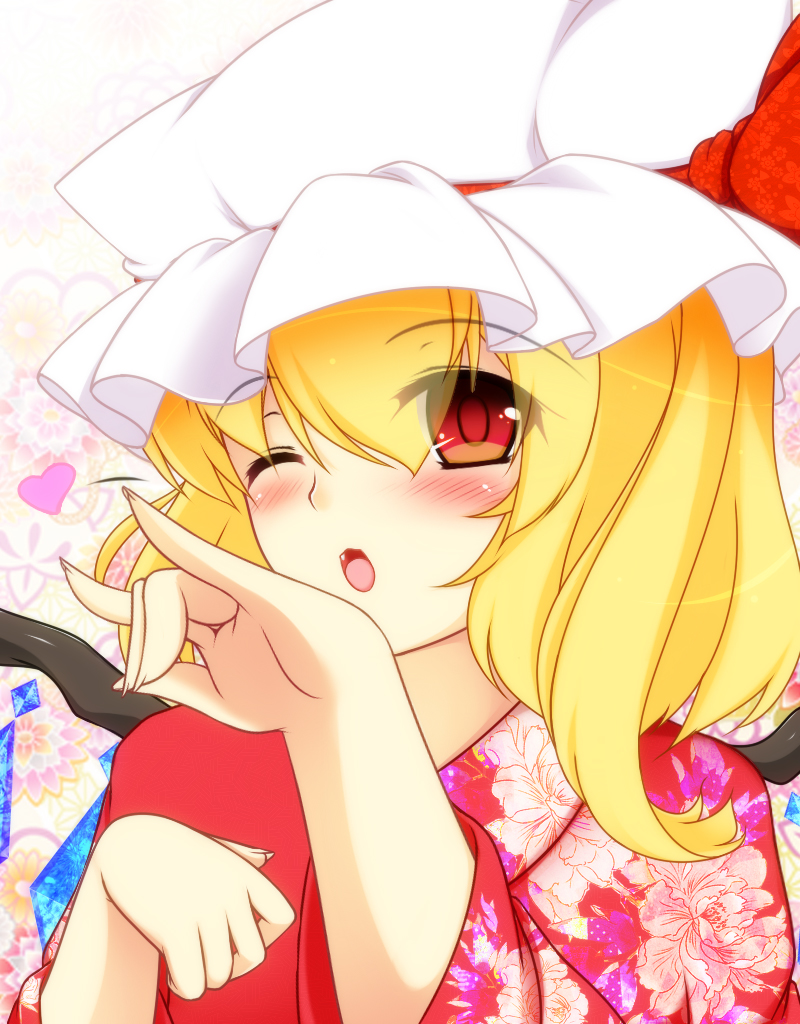 alternate_costume aosaki_kanade blonde_hair face fang flandre_scarlet floral_print hands hat japanese_clothes kimono one_eye_closed pose red_eyes side_ponytail solo touhou wings
