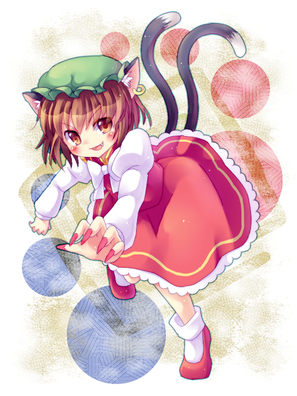 animal_ears bad_id bad_pixiv_id blush bow brown_eyes brown_hair cat_ears cat_tail chen earrings fang fingernails hat jewelry long_fingernails minato0618 multiple_tails nekomata open_mouth short_hair smile solo tail touhou vest