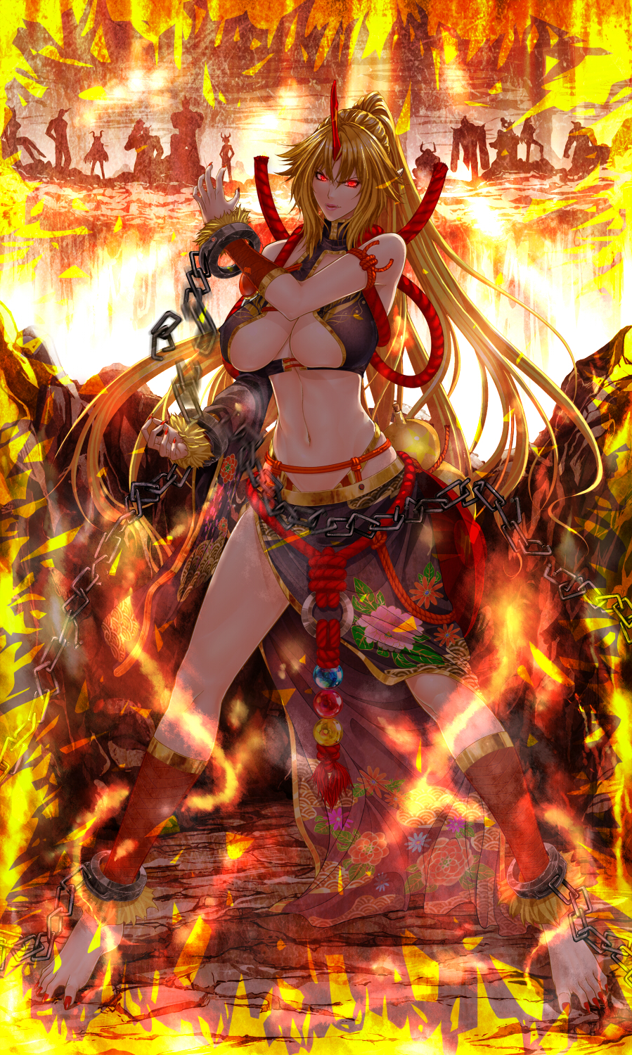 alternate_costume alternate_hairstyle anklet bad_id bad_pixiv_id black_sarong blonde_hair breasts chain cleavage cuffs floral_print gourd highres horn hoshiguma_yuugi ibuki_suika jewelry large_breasts legs long_hair oni ponytail print_sarong red_eyes rope sarong seigaiha side_slit skirt smile solo thighs touhou zucchini