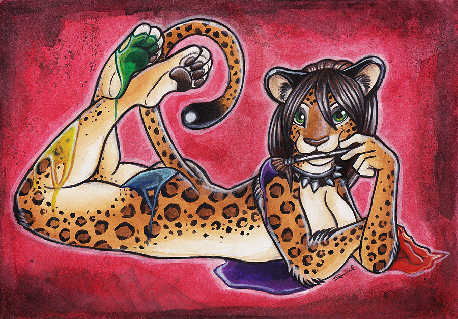 collar feline female green_eyes leopard mammal nude paint paintbrush pinup pose shiverz solo spiked_collar