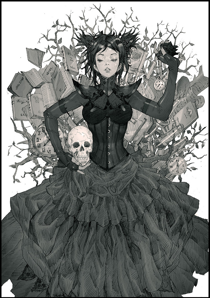 bad_id bad_pixiv_id book breasts clock compass corset dress elbow_gloves fingerless_gloves flower gloves kilart large_breasts long_dress monochrome original pocket_watch short_twintails shoulder_pads skull solo twintails watch