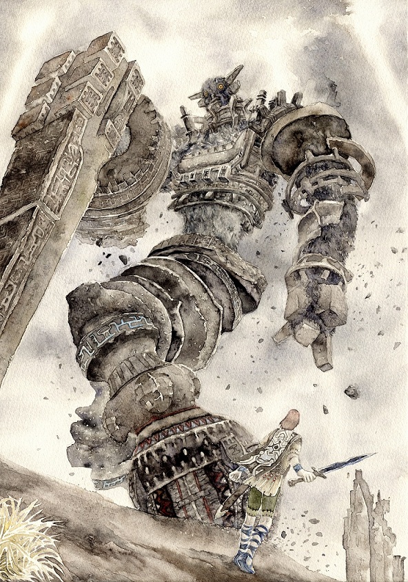 acrylic_paint_(medium) cloud cloudy_sky colossus debris gaius light_rays male_focus shadow_of_the_colossus size_difference sky sunbeam sunlight sword terumidot506 traditional_media wander watercolor_pencil_(medium) weapon