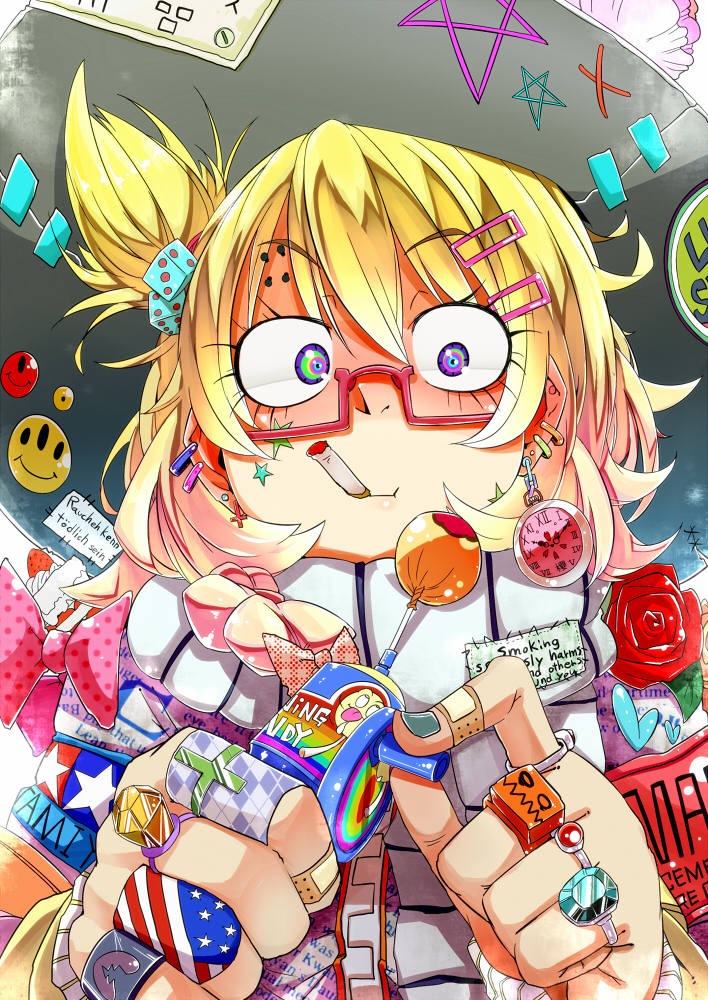 alternate_costume alternate_hairstyle american_flag analog_clock argyle armband backlighting badge bandaid bandaid_on_finger bespectacled between_fingers blonde_hair cake candy cigarette clock clothes_writing colorful constricted_pupils crazy_eyes cross cross_earrings dice dice_hair_ornament earrings embellished_costume english face fingernails flag_print flower food fruit gem german glasses hair_bobbles hair_cubes hair_ornament hairclip hands hat hat_ribbon holding jewelry kirisame_marisa long_sleeves looking_at_viewer messy_hair multicolored multicolored_eyes nail_polish o_o patches patterned polka_dot_ribbon print_ornament product_placement ranguage red-framed_eyewear red_flower red_rose ribbon ring roman_numerals rose sakurai_energy scarf semi-rimless_eyewear sharp_teeth simple_background smiley_face smoking solo star stitches strawberry tamiya_incorporated teeth text_print tied_hair too_many touhou translated under-rim_eyewear upper_body white_background witch_hat zipper
