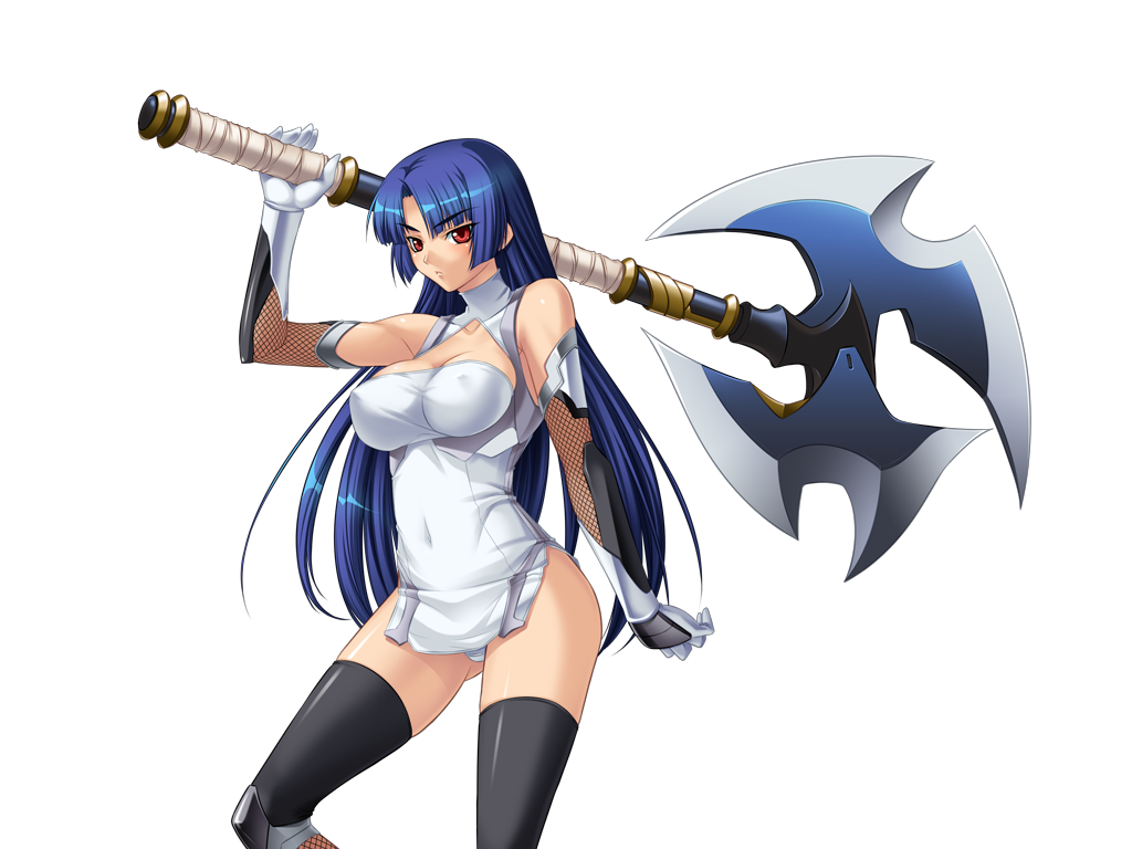 1girl arm_up axe bare_shoulders black_lilith blue_hair blush breasts clothed_navel collarbone elbow_gloves female fishnets game_cg girl gloves holding kagami kagami_hirotaka large_breasts legs long_hair looking_at_viewer parted_lips red_eyes shiny shiny_clothes shiny_hair shiny_skin simple_background solo standing taimanin_murasaki thighhighs thighs weapon white_background yatsu_murasaki